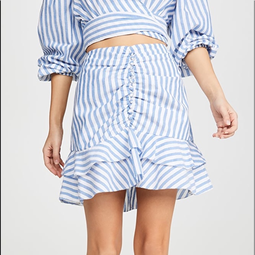 Red Carter Blue and White Ruffle Striped ruched mini Skirt with gold